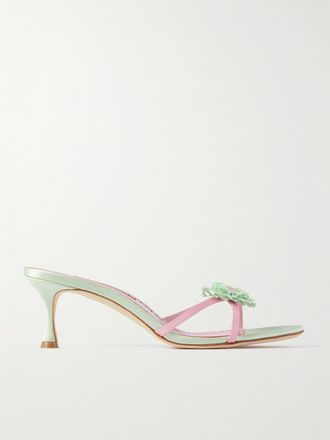 Manolo Blahnik Mule In Raso Con Fiori Paliss 50 - Verde