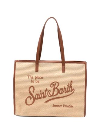 MC2 Saint Barth Rectangular Woven Tote Bag with Embroidered Text