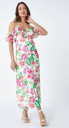 Roman Floral Print Cold Shoulder Chiffon Midi Dress