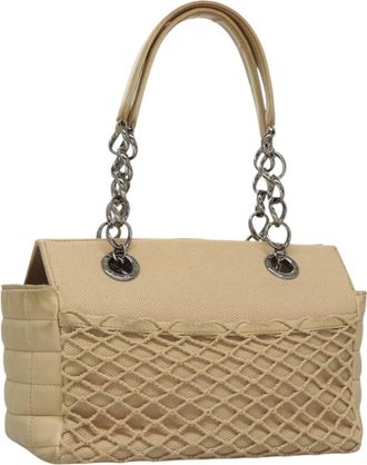Chanel Vintage Chocolate Bar Tote Quilted Canvas Beige Canvas Handbag (Pre-Owned)