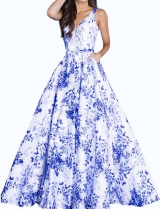 Jovani V-Neck Satin Ball Gown In White