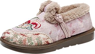 Generic Momolaa Size 3.5 Embroidered Slippers for Old Women Ladies Vintage Slip on Faux Fur Collar Chinese Slippers Canvas Shoes Pink Footwear Gifts