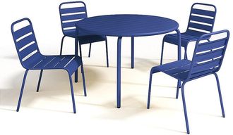 Vente-Unique Comedor de jard&iacute;n de metal - Mesa D.110 cm y 4 sillas apilables azul noche - MIRMANDE