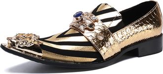 Generic Mens Genuine Leather Dress Loafers Slip On Shoes with Metal Pointed Toe - Black Gold Pattern Formal Shoes for Prom Stage Wedding Luxury Party (Gold,11
