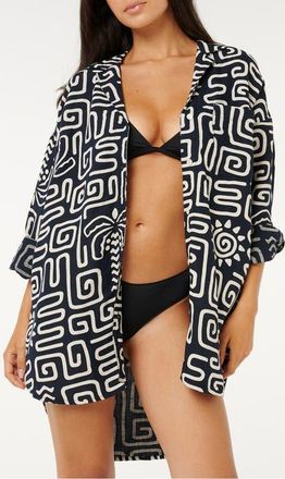 Rip Curl Sunset Luau Print Button-Up Oversize Blouse in Black/Off White at Nordstrom, Size Large