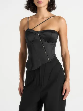 Mani&egrave;re De Voir Aurelia Asymmetric Satin Corset Top in Black at Nordstrom, Size 12