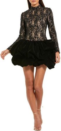 Mac Duggal Mock Neck Long Sleeve Lace And Velvet Mini Dress in Black at Nordstrom, Size 12