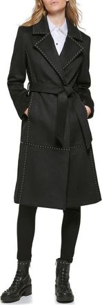 Karl Lagerfeld Stud Detail Wool Blend Wrap Coat in Black at Nordstrom, Size X-Large