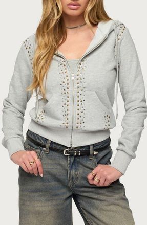 Edikted Patricia Studded Zip-Up Hoodie in Gray-Melange at Nordstrom, Size X-Small