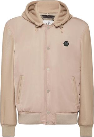 Philipp Plein Nylon & Leather Varsity Bomber Jack met Capuchon - Heren - Zomerjassen - Beige - S - Nylon - Jassen