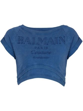 Balmain embroidered cropped T-shirt - women - Cotton - S - Blue