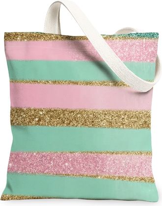 Generic Chic Striped Canvas Tote Bags, Stylish Glitter Pattern Reusable Grocery Bags, Summer Lightweight Washable Shoulder Strap Ca, Peach, 13x15 Inch