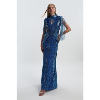 Karen Millen Petite Beaded Cap Sleeve Maxi Dress in Blue at Nordstrom, Size 10P