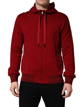 Dolce & Gabbana Red Cotton Full Zip Fleece Men Hoodie Sweater Clothing