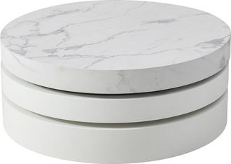 Vente-Unique Mesa de centro redonda giratoria con 1 estante de MDF - Efecto m&aacute;rmol blanco y lacado blanco - JANITA