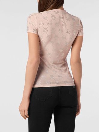 Philipp Plein T-shirt slim fit in tulle con logo Hexagon di strass