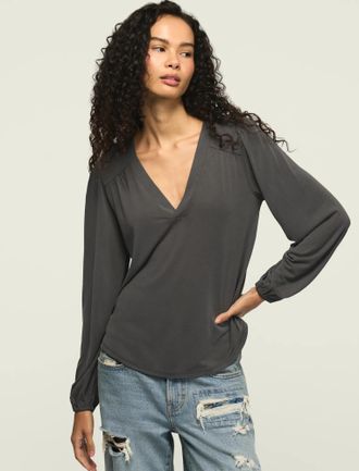 Lucky Brand Womens Sandwash Long Sleeve V Neck Top