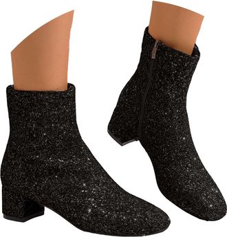 Generic Womens Glitter Sequins Ankle Boots Chunky Block Heeled Sparkly Short Boots with Side Zipper Round Toe Wide Calf Rhinestone Ankle Booties Wedding Brida