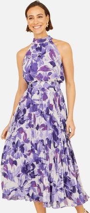 Yumi Floral Halter Neck Pleated Midi Dress in Purple at Nordstrom, Size 12