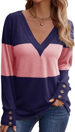 SHEKINI Women Long Sleeve Jumpers Color Block Pullover Tops T Shirts V Neck Dressy Casual Blouses Blue Pink