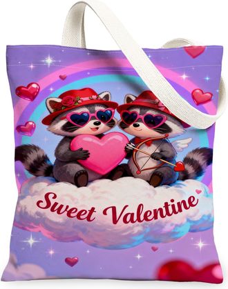 Generic ValentineS Day Raccoon Canvas Tote Bags, Adorable Animal Heart Print Reusable Grocery Bags, Lightweight Washable Shoulder, Violet, 13x15 Inch