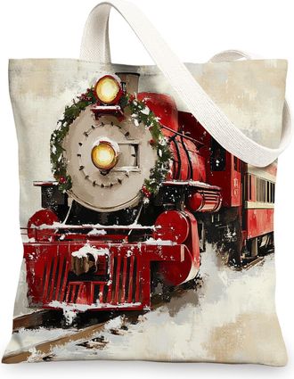 Generic Winter Christmas Steam Train Canvas Tote Bag for Shopping 13x15, Industry Xmas Snow Scenic Reusable Grocery Print Pattern Bag for Women Men, Holiday A