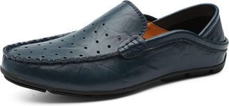 Generic Mens Loafers Shoes Perforated Breathable Genuine Leather Round Toe Lightweight Anti-Slip Comfortable Flexible Resistant Prom Classic Slip On(Blue,9.5 