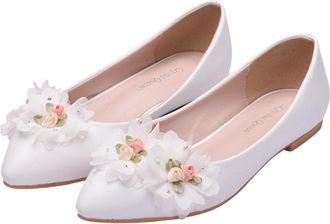 Frcolor Lace Bow Bridal Flats Women Pointed Toe Leather Bridesmaid Shoes White Size 40 Spring Autumn Shallow Mouth Casual Wedding Shoes