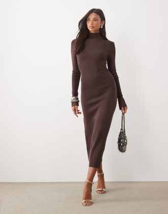 Pretty Lavish vestito midaxi in maglia con maniche svasate color cioccolato-Marrone