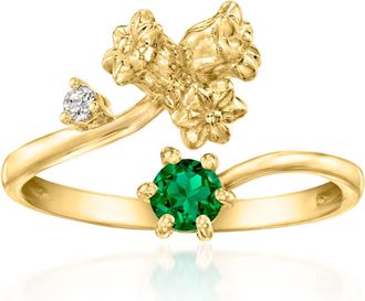 Ross-Simons Lily Of The Valley Flower/May Birthstone Ring With Lab-Grown Emerald and Diamond in 18kt Gold Over Sterling