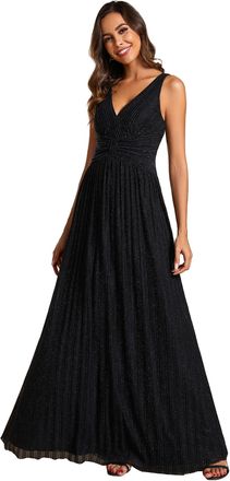 Ever-pretty Womens A-Line Pleated V Neck Maxi Glitter Evening Formal Prom Dresses Black 22UK