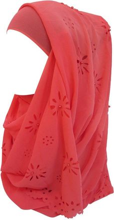 Lina & Lily Chiffon Muslim Hijab Head Scarf Laser Cut with Beads (Coral)