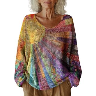 Generic Plus Size Jumpers for Women UK Womens Pattern Printed Casual Pullover Knitted Sweaters Ladies Jumpers Fashion Long Sleeve Tops Crewneck Lightweight Wa