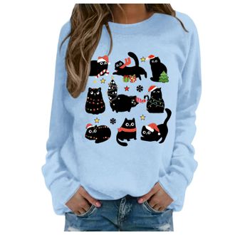 Generic Christmas Jumper Women,Merry Christmas Oversized Sweatshirt Women Xmas Cat Print Crew Neck Pullover Tops Casual Long Sleeve Tops Women Shirts Loose Au