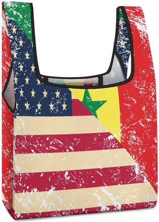 Generic U.S. And Senegal Vintage Flag Reusable Shopping Bags Lightweight Foldable Grocery Bag Polyester Washable Tote Bag