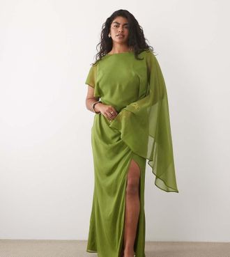 Asos Curve ASOS DESIGN Curve - Vestito drappeggiato taglio sbieco con maniche a mantella e schiena scoperta verde oliva