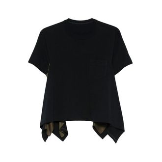 sacai T-Shirts, female, Black, Size: M Satin x Cotton Jersey T-Shirt
