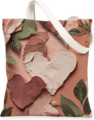 Generic Heart Pattern Canvas Tote Bags, Vintage Floral Design Reusable Grocery Bags, Lightweight Washable Shoulder Strap Tote for S, Peach, 13x15 Inch