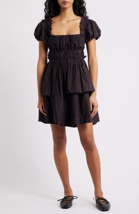 Damson Madder Lyza Ruffle Puff Sleeve Tiered Cotton Minidress in Black at Nordstrom, Size 14 Us