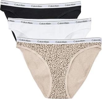 Calvin Klein Underwear Icon Logo Bikini 3-Pack Womens Underwear Black/Classic White/Animal Mirror Oxford Tan : XS (US 0-2), Cotton/Elastane