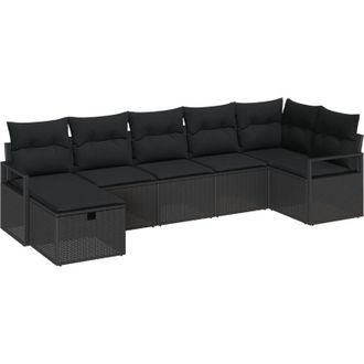 vidaXL Conjunto De Sof&aacute; De Jard&iacute;n Con Coj&iacute;n 7 Pcs Negro Polirat&aacute;n