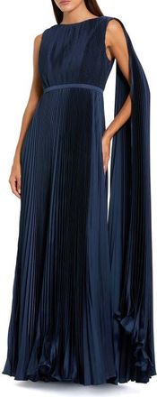 Mac Duggal Sleeveless High Neck Cape Back Heat Pleated Gown in Midnight at Nordstrom, Size 14