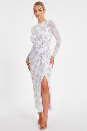 Quiz Flocked Mesh Floral Maxi Dress in Lilac at Nordstrom, Size 10