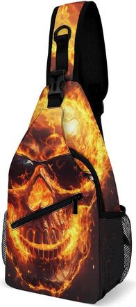 Generic Skull With Glasses Fire Burning Mens Crossbody Chest Sling Bag for Travel Hiking Lightweight Shoulder Bags with Small Side