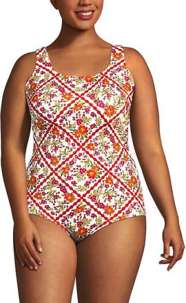 Lands End Chlorine Resistant Scoop Neck Soft Cup Tugless Sporty One Piece Swimsuit in White/orange Scarf Floral at Nordstrom, Size 26W