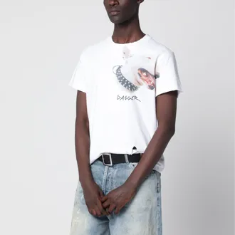 Dagger White cotton T-shirt with distressed details