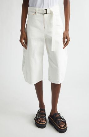 sacai Belted Crop Denim Barrel Leg Jeans in Off White at Nordstrom, Size 1