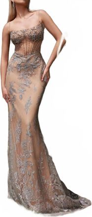 Terani Couture Long Embellished Dress In Silver Nude