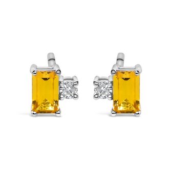 House of Brilliance Sterling Silver Baguette Yellow Sapphire and White Sapphire Two-Stone Stud Earrings