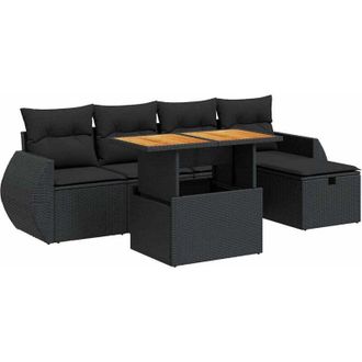 vidaXL Set Sof&aacute;s Jard&iacute;n Y Cojines 6 Pzas Rat&aacute;n Sint&eacute;tico Acacia Negro